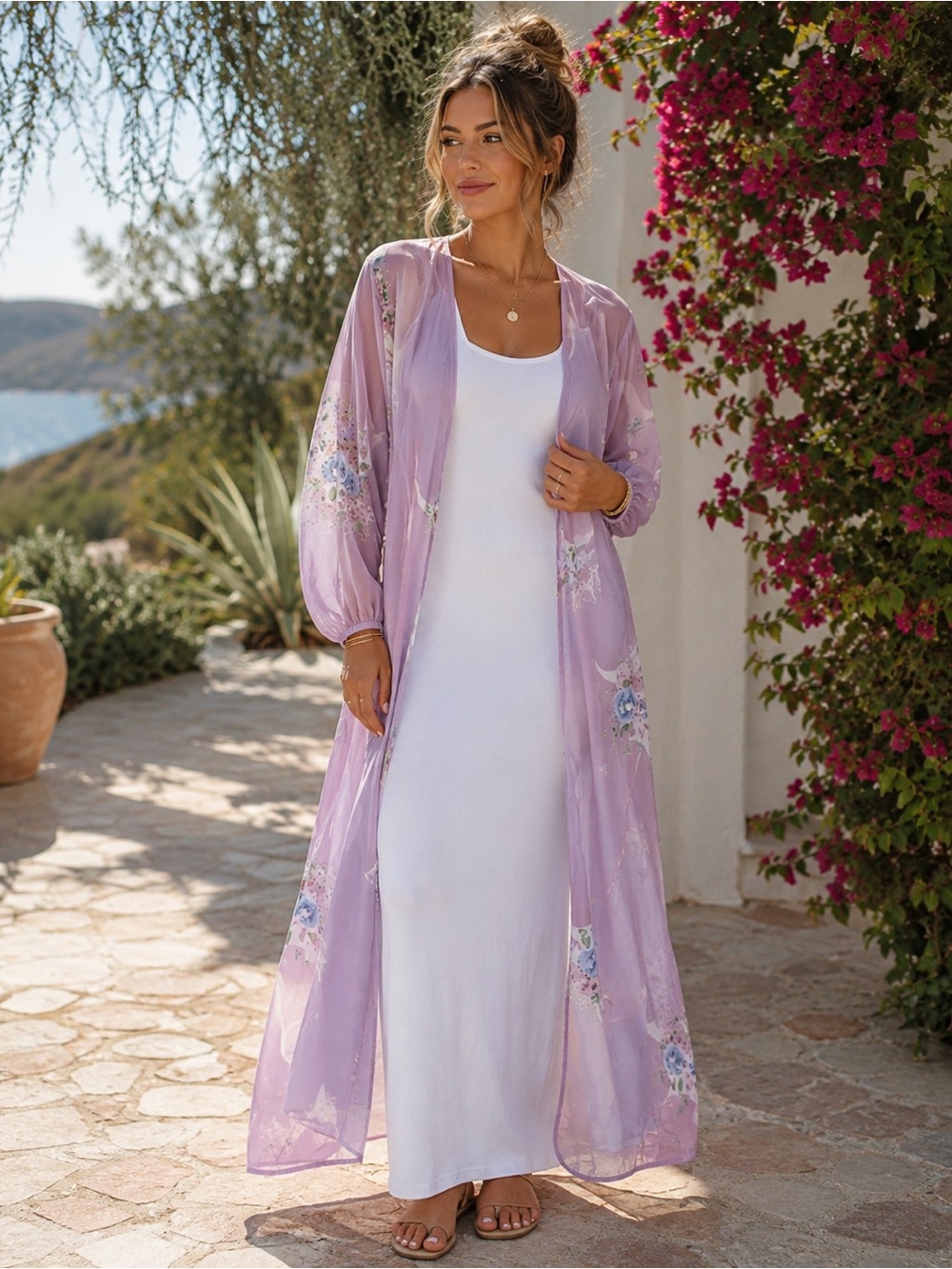 Vision USA Sheer Lavender Moon Floral Duster Kimono Maxi western modest 2x
